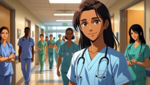 A friendly-looking anime doctor, wearing crisp blue scrubs and a stethoscope around their neck, stands confidently amidst a diverse team of other medical professionals in a brightly lit hospital hallway. Note the physicians in the background are not made with anime style, but are real, to symbolize becoming a "real" physician!