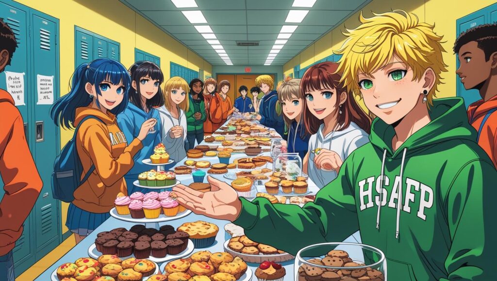 A brightly lit high school hallway, rendered in a vibrant, modern anime style, featuring rows of metallic lockers and motivational posters subtly visible in the background. The central focus is a fundraising table overflowing with an assortment of colorful baked goods—cupcakes, cookies, brownies, and pies—and clear donation jars labeled with cheerful handwritten messages. 

A diverse group of high school students, with highly detailed and expressive facial features, are warmly interacting around the table, their conversations animated and friendly. A girl with striking blue eyes stands to the left, another with striking indigo eyes is near the donation jars. In the sharp foreground, a smiling blond boy with small black ear piercings and bright green eyes, wearing a green hoodie displaying "HSAFP," extends his hand towards a cupcake, his expression friendly and welcoming.