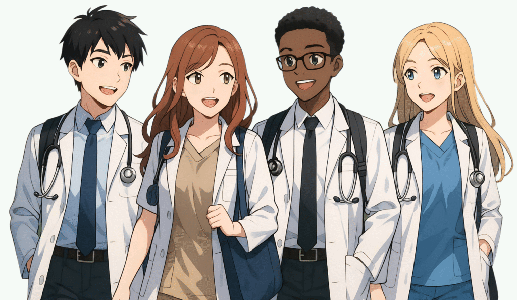 This group of four happy students, from a range of different backgrounds, are HSAFP Chapter Officers in an anime art style.