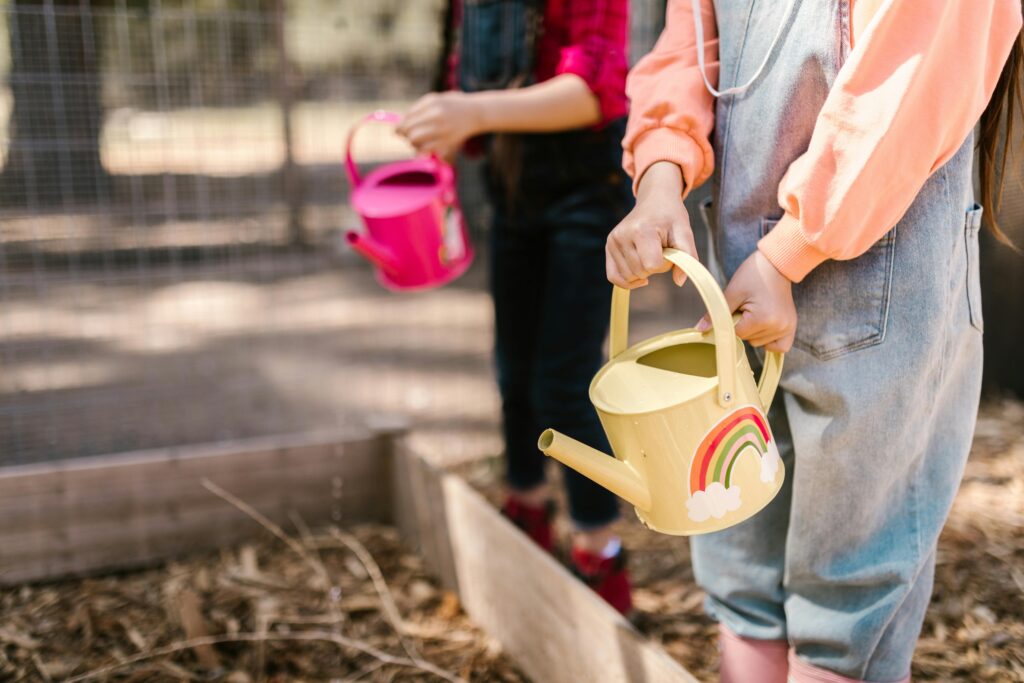 Two elementary school children watering their school garden.
